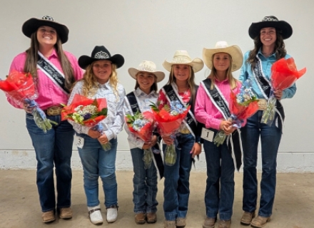 Members of the San Juan Rodeo Royalty pose for a photo from left to right is Rodeo Queen picture is Brinkley Knight Rodeo Queen, Jade Hoggard Princess third attendant, Janaley Johnson princess first attendant, Austyn Monson princess, Paisley Monson princess second attendant, Lucy black queen attendant. Not pictured this week are Miss San Juan Madison Adair and attendant Samantha McDonald. Courtesy photo