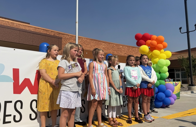 An enthusiastic rendition of the national anthem was offered at the August 4 ribbon cutting at Blanding Elementary School. The singers, all students at the school, include Autumn, Ava, Mackly, Slaiter, Kolter, Harlyn, Stetson, Jovi, Lilith, Saylor, Dani, and Dawn.  Later, Rossi, Abel, Talisha and Zariah recited the Pledge of Allegiance in Navajo. It wa sall a part of the opening of the new school.  Staff photo