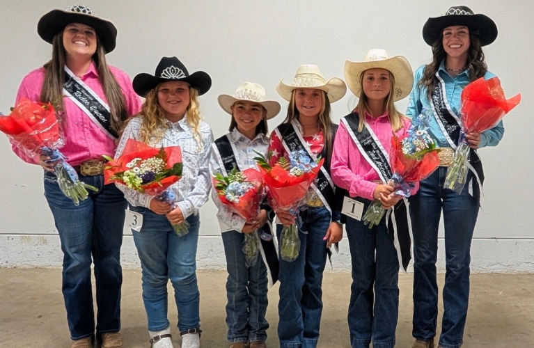 Members of the San Juan Rodeo Royalty pose for a photo from left to right is Rodeo Queen picture is Brinkley Knight Rodeo Queen, Jade Hoggard Princess third attendant, Janaley Johnson princess first attendant, Austyn Monson princess, Paisley Monson princess second attendant, Lucy black queen attendant. Not pictured this week are Miss San Juan Madison Adair and attendant Samantha McDonald. Courtesy photo