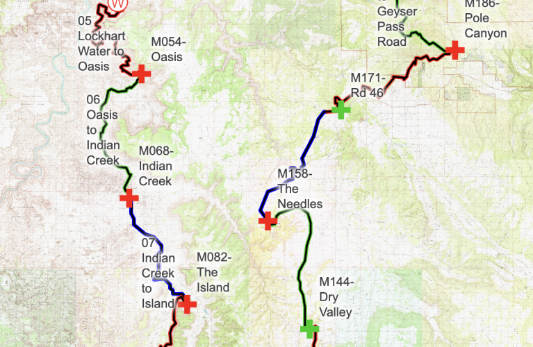 Map of the Moab 240. Racers were held up at the Bridger Jack checkpoint due to flooding along the path. Image from DestinationTrailRun org