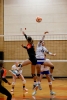 San Juan junior middle blocker Lizzie Palmer (#26) battles Monticello senior hitter Alise Lewis at the net as Keezie Flannery (left) and Maddie Adams (#21) cover on the play. The Lady Broncos beat their rivals on August 27 and haven’t lost a single set so far this season. They’re 7-0 and looking for more wins with several matches coming up over the next two weeks.  Anna Fredericks photo