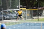 Amelia McFarland makes an acrobatic shot during recent action at the San Juan tennis courts. She and her first doubles partner Shayli Bake have teamed up to win three of their four matches this season.  Richard Kaer photo